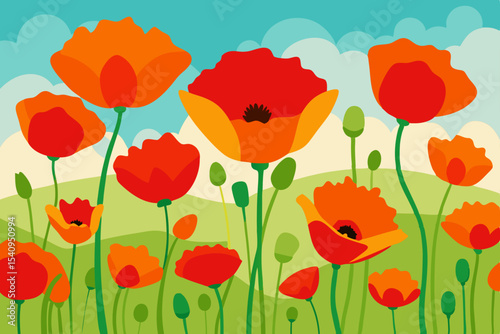 Vibrant Poppy Field Illustration A Summer Meadow of Red Poppies