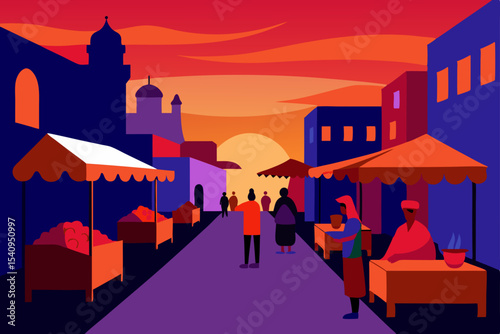 Vibrant Sunset Market A Colorful Street Scene at Dusk