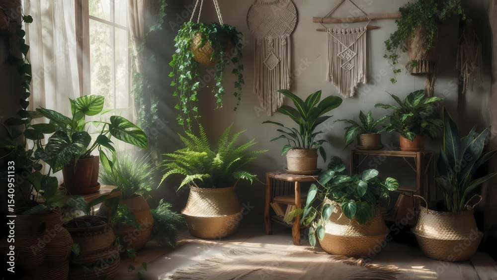 Obraz premium Sun-Dappled Bohemian Room with Abundant Indoor Plants and Macrame Decor