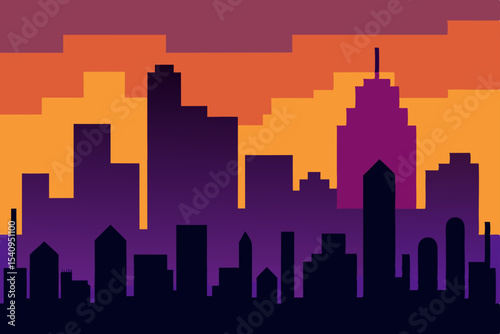Pixel Art Cityscape Sunset Silhouette of Urban Skyline