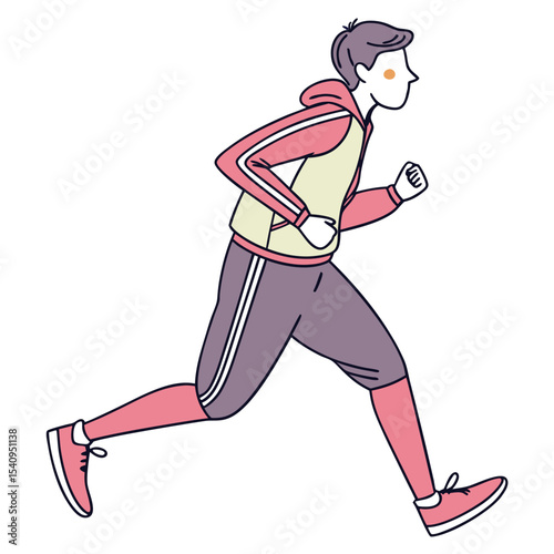 Vector flat design of a faceless man jogging in the morning, dressed in sporty attire. Ideal for content related to healthy lifestyle, outdoor activities, fitness, or running campaigns. Not AI