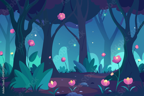 Enchanted Night Forest A Dreamlike Illustration of Glowing Flowers and Fireflies