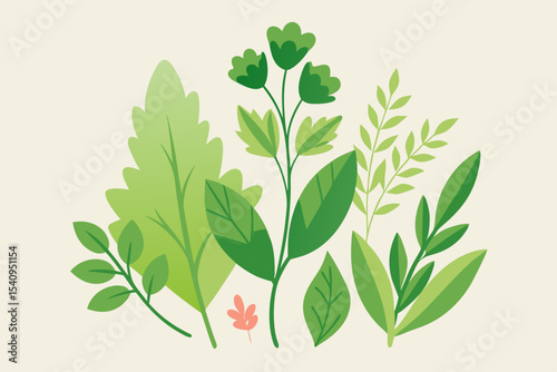 Vibrant Green Botanical Illustration A Collection of Lush Leaves and Flowers