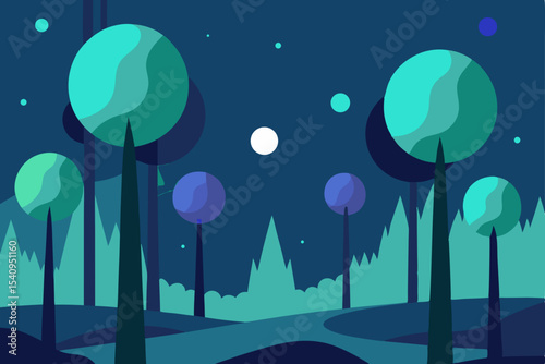 Enchanted Night Forest Abstract Landscape Illustration of Glowing Trees and Celestial Bodies