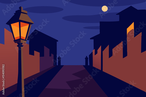 Night Street Scene Serene Nighttime Alleyway with Lamppost