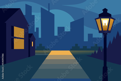 Tranquil Night Cityscape Suburban Street Lit by Lamplight