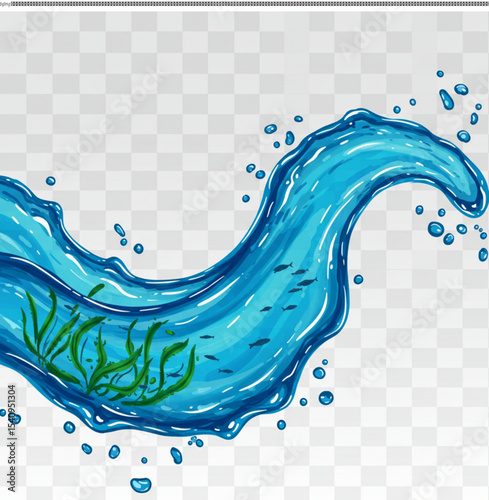 Aqua Cascade: The dynamic, flowing water, rendered with vivid detail, embodies the purity and vitality of nature, with aquatic elements of aquatic life within its depths. 