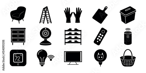 Home Essentials and Smart Devices Black Silhouette Icon Set