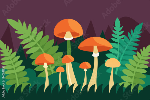 Enchanted Forest Vibrant Mushrooms and Lush Ferns in a Mystical Night Scene