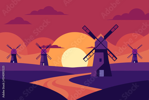 Sunset Serenity Windmills, Rolling Hills, and a Serene River at Dusk