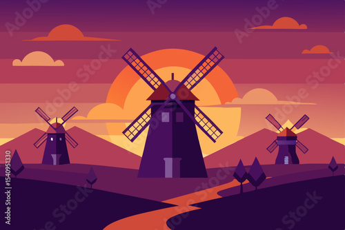 Sunset Landscape with Windmills Serene Rural Scene at Dusk