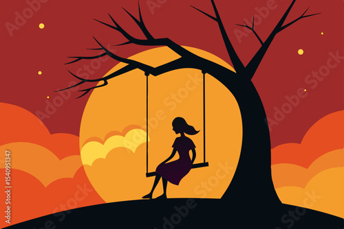 Silhouette of a Woman on a Swing Under a Blood Red Moon A Melancholy Night Scene