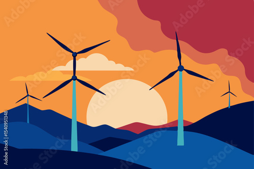 Sunset Wind Turbines Clean Energy Landscape Illustration