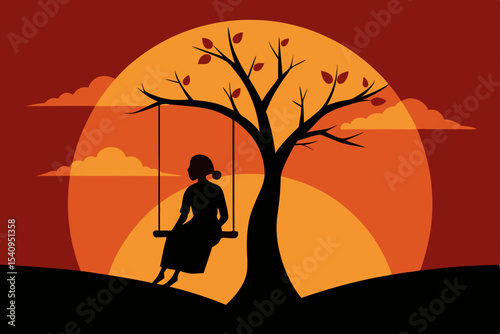 Silhouette of a Woman on a Swing at Sunset Peaceful Solitude and Contemplation