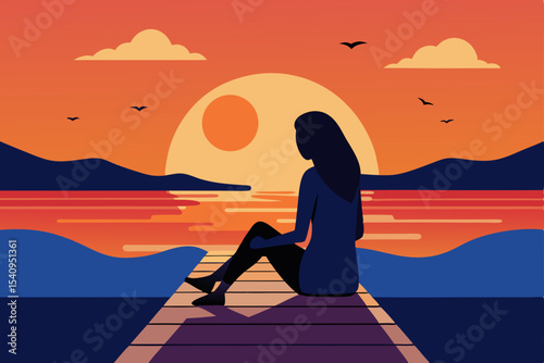 Silhouette of Woman Contemplating Sunset Over Lake Peaceful Evening Scene
