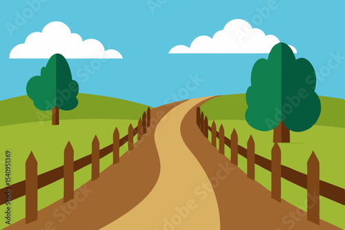 Serene Countryside Winding Road, Rolling Hills, and Picturesque Fence
