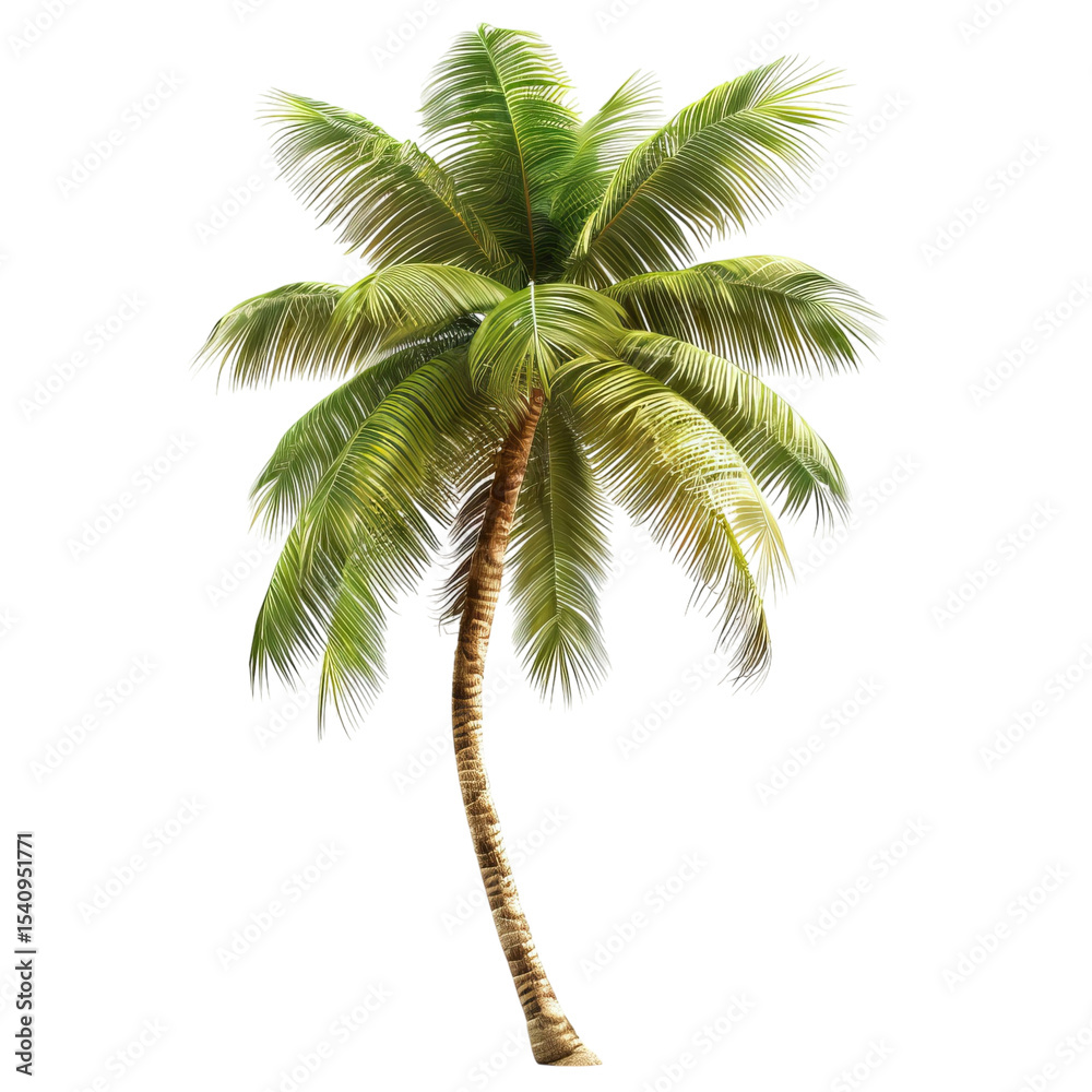 Obraz premium A tall, vibrant palm tree swaying gently, showcasing lush green fronds against a bright backdrop.