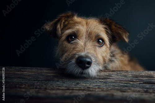 Cinematic close-up of a small dog peering curiously over a weathered wooden fence with expressive eyes