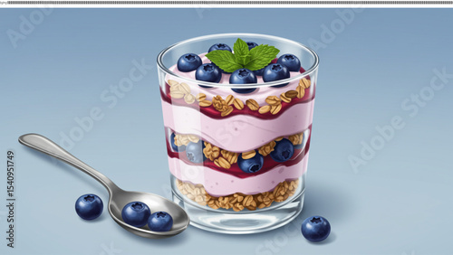 Berry parfait: A delectable berry parfait with layers of granola, yogurt, jam and fresh blueberries, topped with a mint sprig on pastel blue background