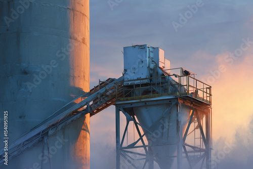 Artistic cinematic shot capturing a large concrete truck in action on a construction site during golden hour photo