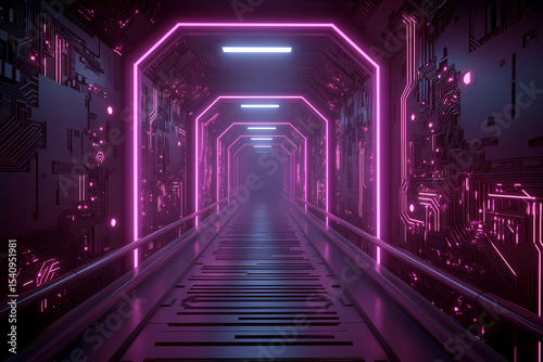 Cyberpunk Corridor Composed of Repeating Neon Light Frames