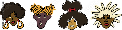 set of black female portraits in doodle style in vector. Element for poster sticker design avatar decoration prints postcards
