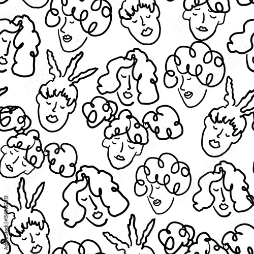 seamless pattern with curly females in hand drawn style. Element for poster design banner decoration prints postcards backgrounds wallpaper wrapping packaging textile banner