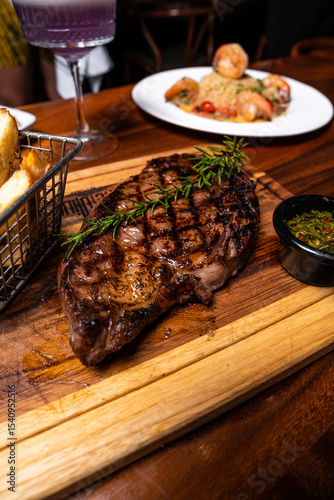 A steak on a board