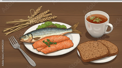 Healthy Meal Baked Salmon, Whole Wheat Bread, and Herbal Tea