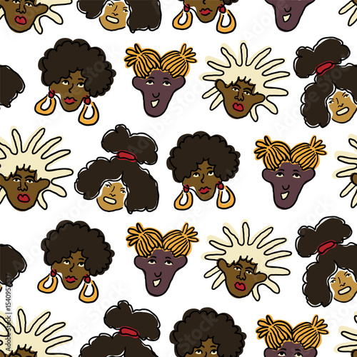 seamless pattern with black females in hand drawn style. Element for poster design banner decoration prints postcards backgrounds wallpaper wrapping packaging textile banner