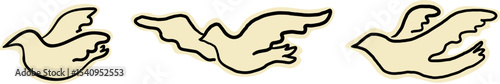 flying white pigeons set in hand drawn style. Template for poster icon design poster sticker postcard pin mascot