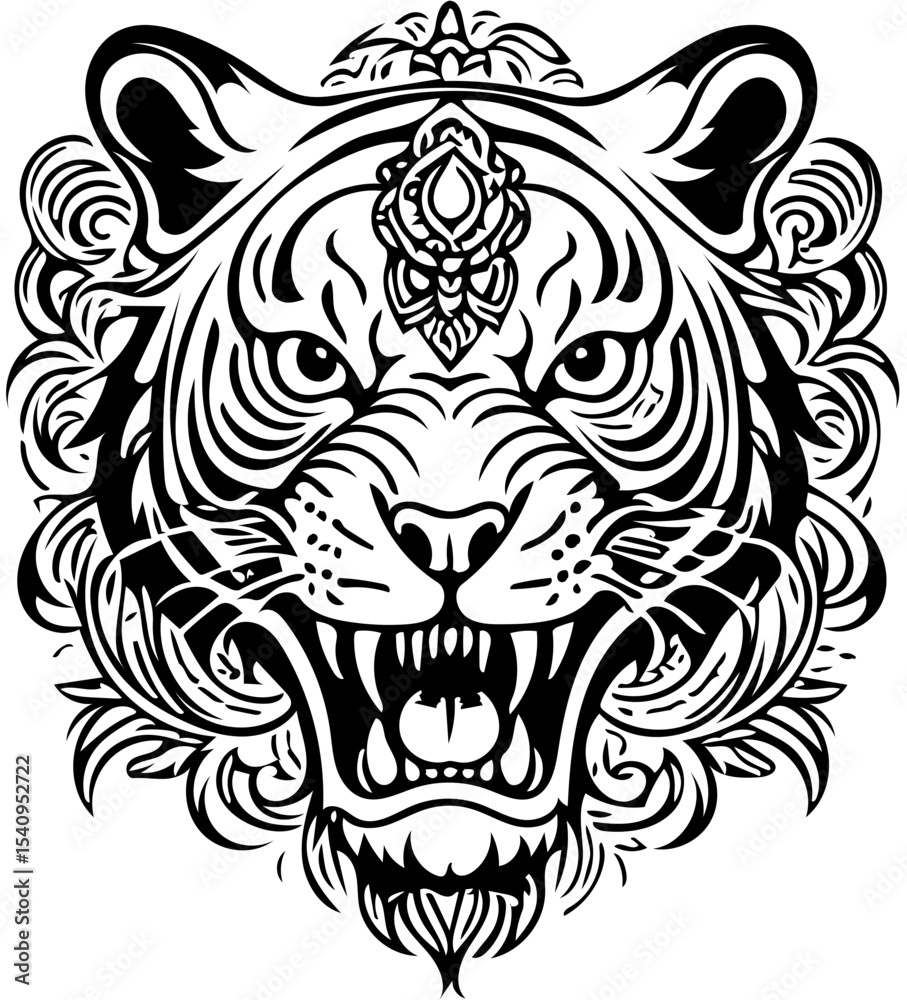 Obraz premium Stylized tiger skull fusion, abstract tattoo design, black and white vector