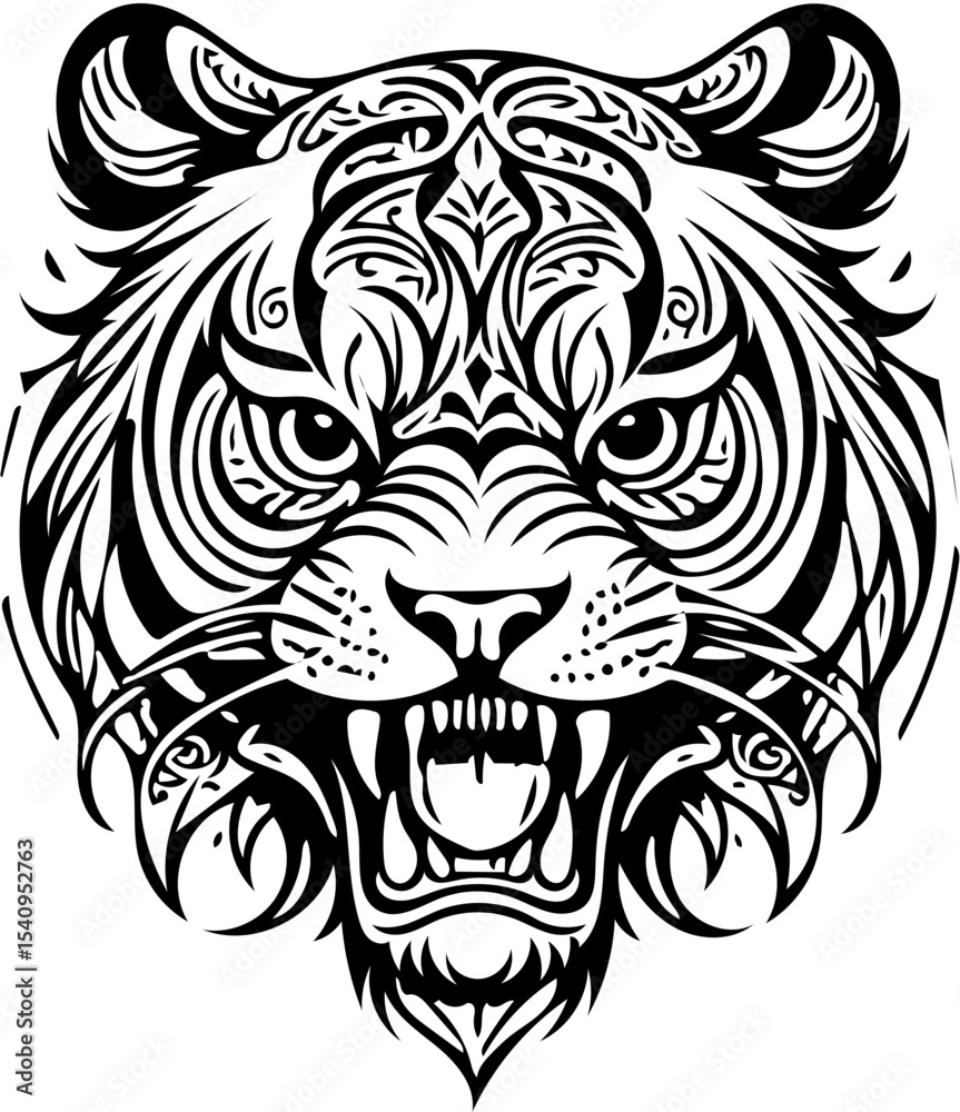 Fototapeta premium Stylized tiger skull fusion, abstract tattoo design, black and white vector