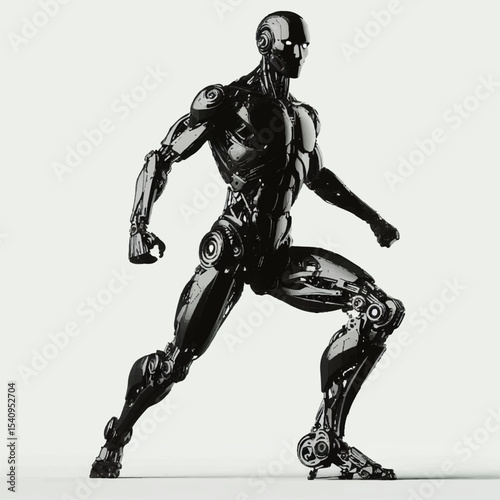 Monochrome full-length image of a cyborg taking a step on a gray isolated background. Vector graphics. EPS.