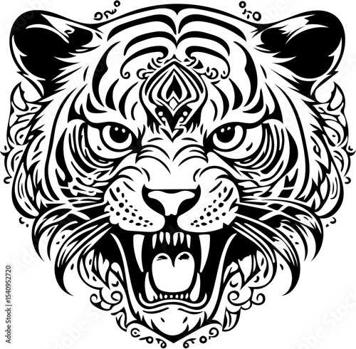 Stylized tiger skull fusion, abstract tattoo design, black and white vector
