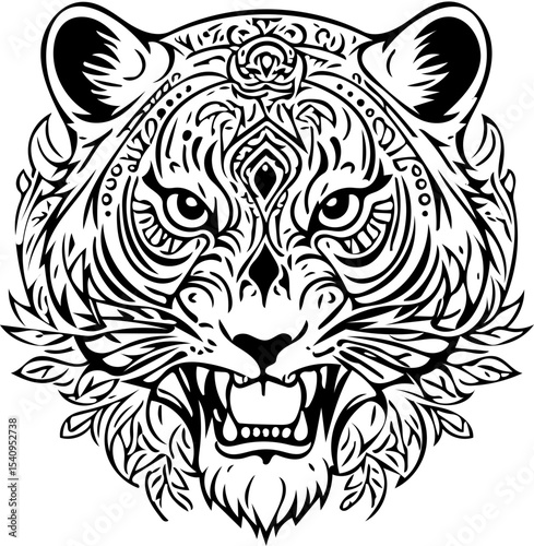 Stylized tiger skull fusion, abstract tattoo design, black and white vector