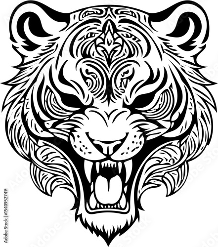 Stylized tiger skull fusion, abstract tattoo design, black and white vector