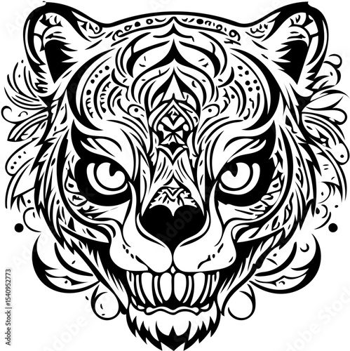 Stylized tiger skull fusion, abstract tattoo design, black and white vector