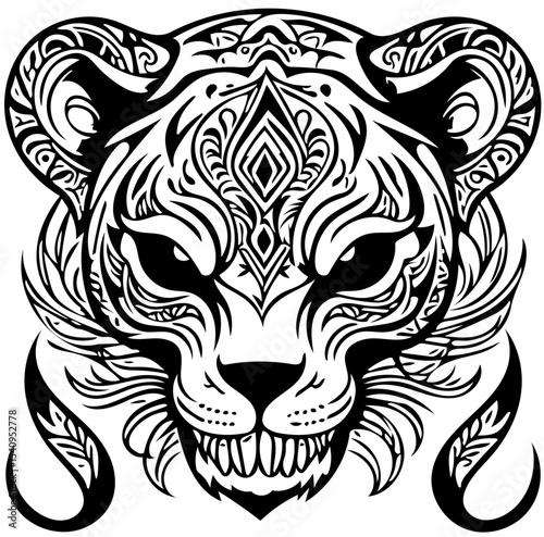 Stylized tiger skull fusion, abstract tattoo design, black and white vector