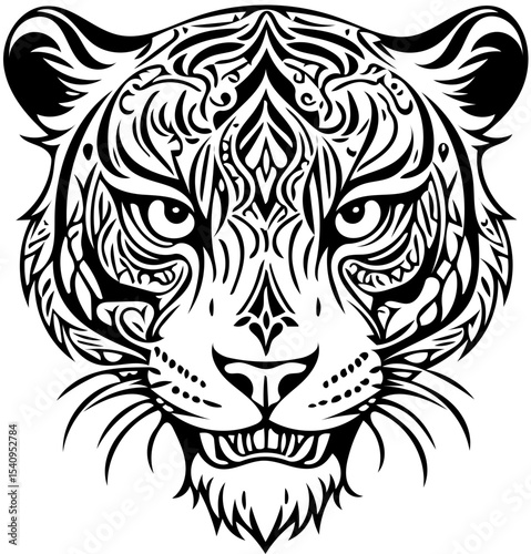 Stylized tiger skull fusion, abstract tattoo design, black and white vector