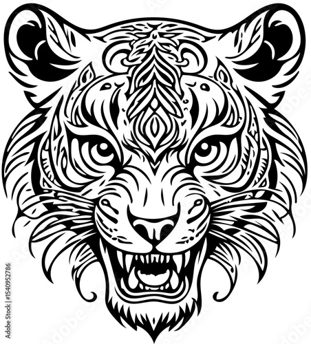 Stylized tiger skull fusion, abstract tattoo design, black and white vector