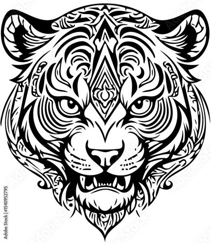 Stylized tiger skull fusion, abstract tattoo design, black and white vector