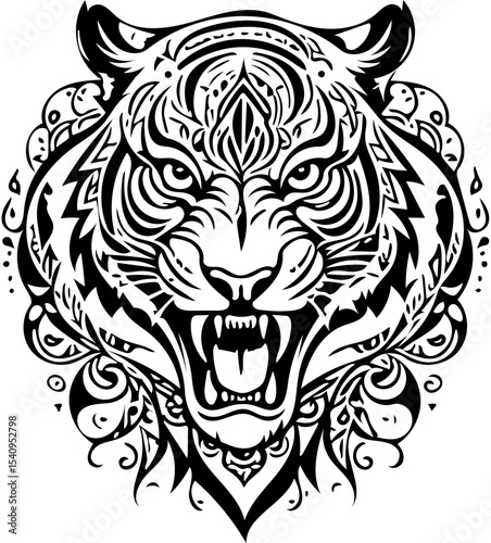 Stylized tiger skull fusion, abstract tattoo design, black and white vector
