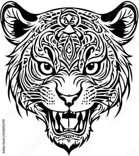 Stylized tiger skull fusion, abstract tattoo design, black and white vector