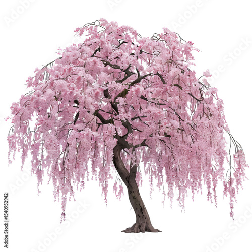 A magnificent weeping cherry tree in full bloom, draped in delicate pink blossoms, creating a serene and enchanting atmosphere.