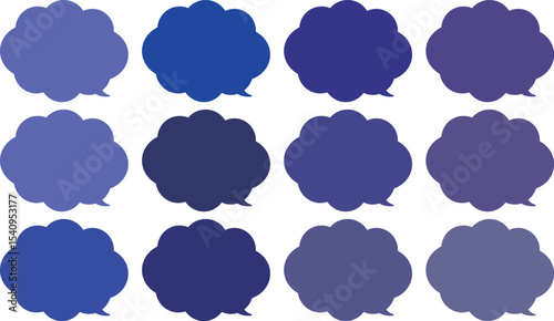 All the bubbles have a distinctive, rounded, cloud-like, or scalloped edge design. This vector image features twelve speech bubbles.