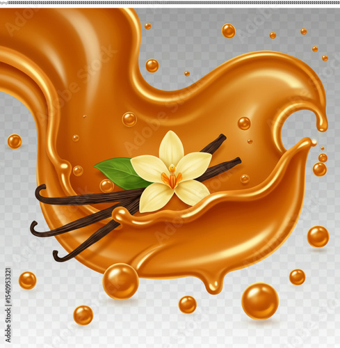 Vanilla Caramel Swirl: A vibrant splash of golden caramel sauce creates a dynamic swirl, adorned with a delicate vanilla flower and pods, suggestive of sweet indulgence and rich flavor.