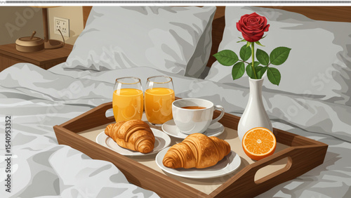 Breakfast in Bed: A tray with croissants, juice, coffee, orange and a rose rests on a white bed in a serene setting.