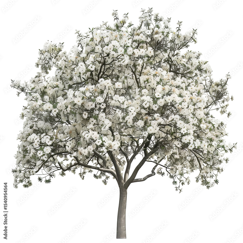 Obraz premium A beautiful white flowering tree in full bloom, showcasing delicate blossoms and a lush canopy.