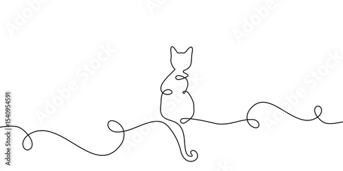 Continuous line cat pet one draw animal sketch outline vector drawing. Line two cat 2 happy couple doodle kitten white black background cute illustration friendship clipart silhouette contour back art